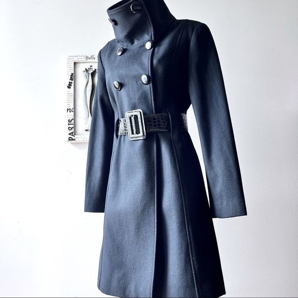 Guess Jackets & Blazers - Guess Wool Black Double Breasted Belted Trench Coat Size M Petite